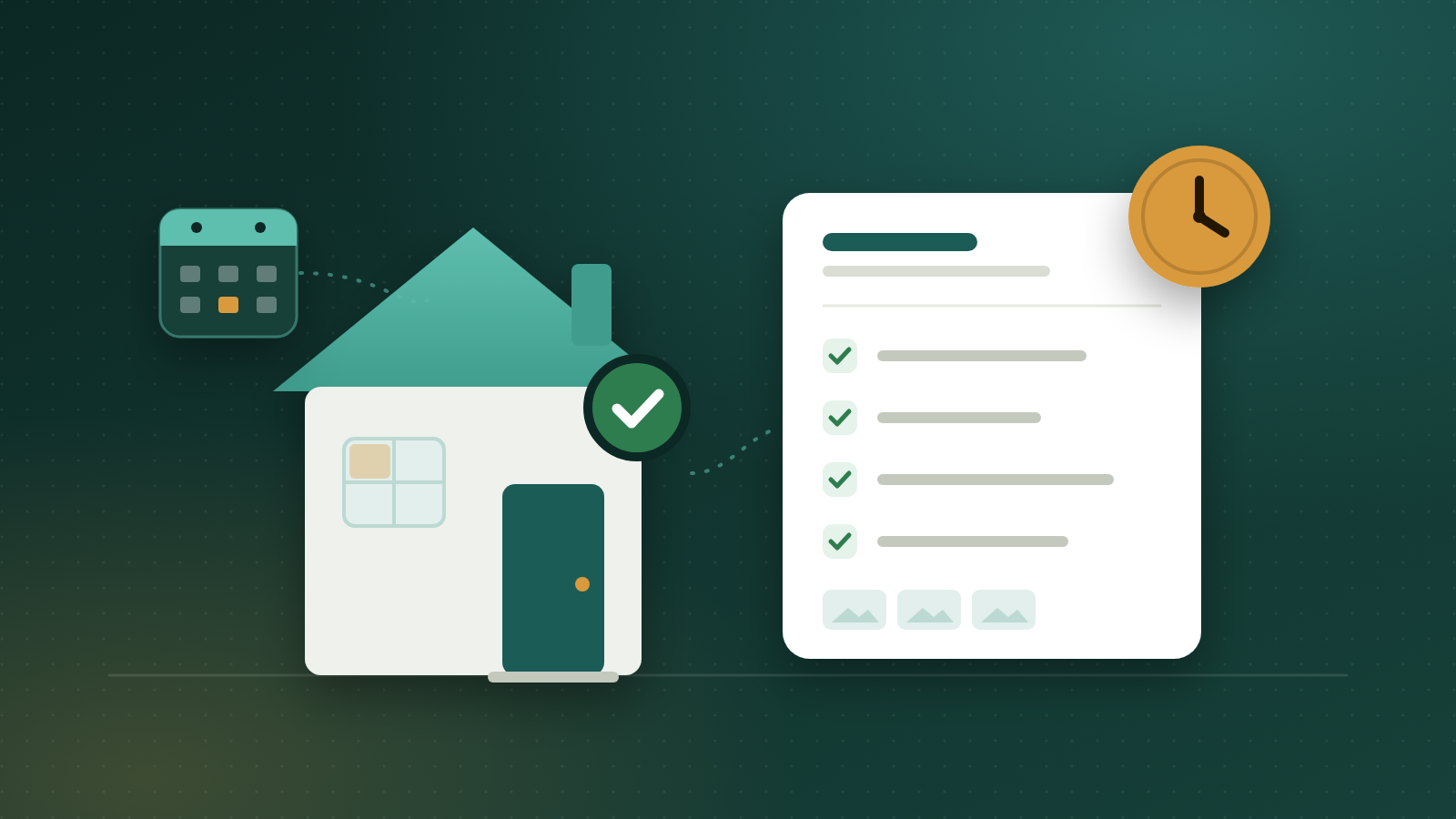 Illustration of a small house with a green check mark beside a completed turnover checklist, a booking calendar and a clock.